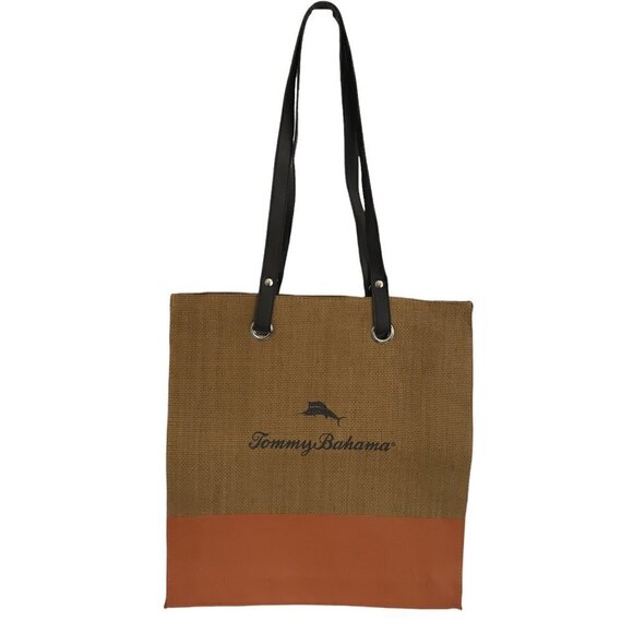 Tommy Bahama Canvas Tan Burlap Beach Shopping Tote Bag Spell Out Logo Orange - Picture 1 of 11